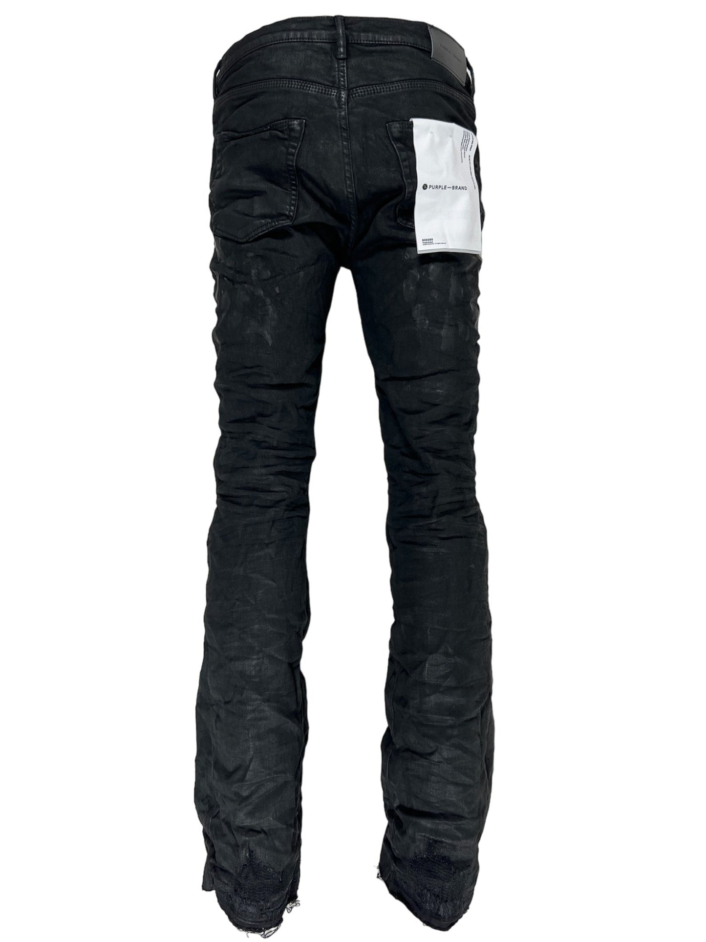 The back view of a pair of Purple Brand Jeans P004-BOPT Double Panels Flare Black.