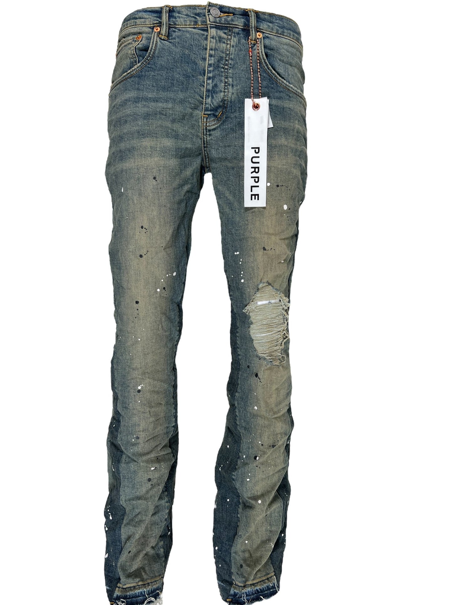 A pair of PURPLE BRAND JEANS P004-MIDD DOUBLE PANELS FLARE DESTROY INDIGO men's jeans with stains on them.