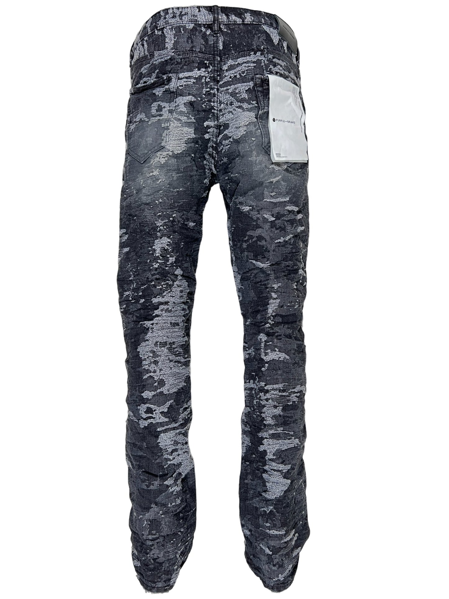 A pair of men's PURPLE BRAND JEANS P005-JJBL JACQUARD SLIM STRAIGHT with a camouflage pattern and reinforced belt loops.