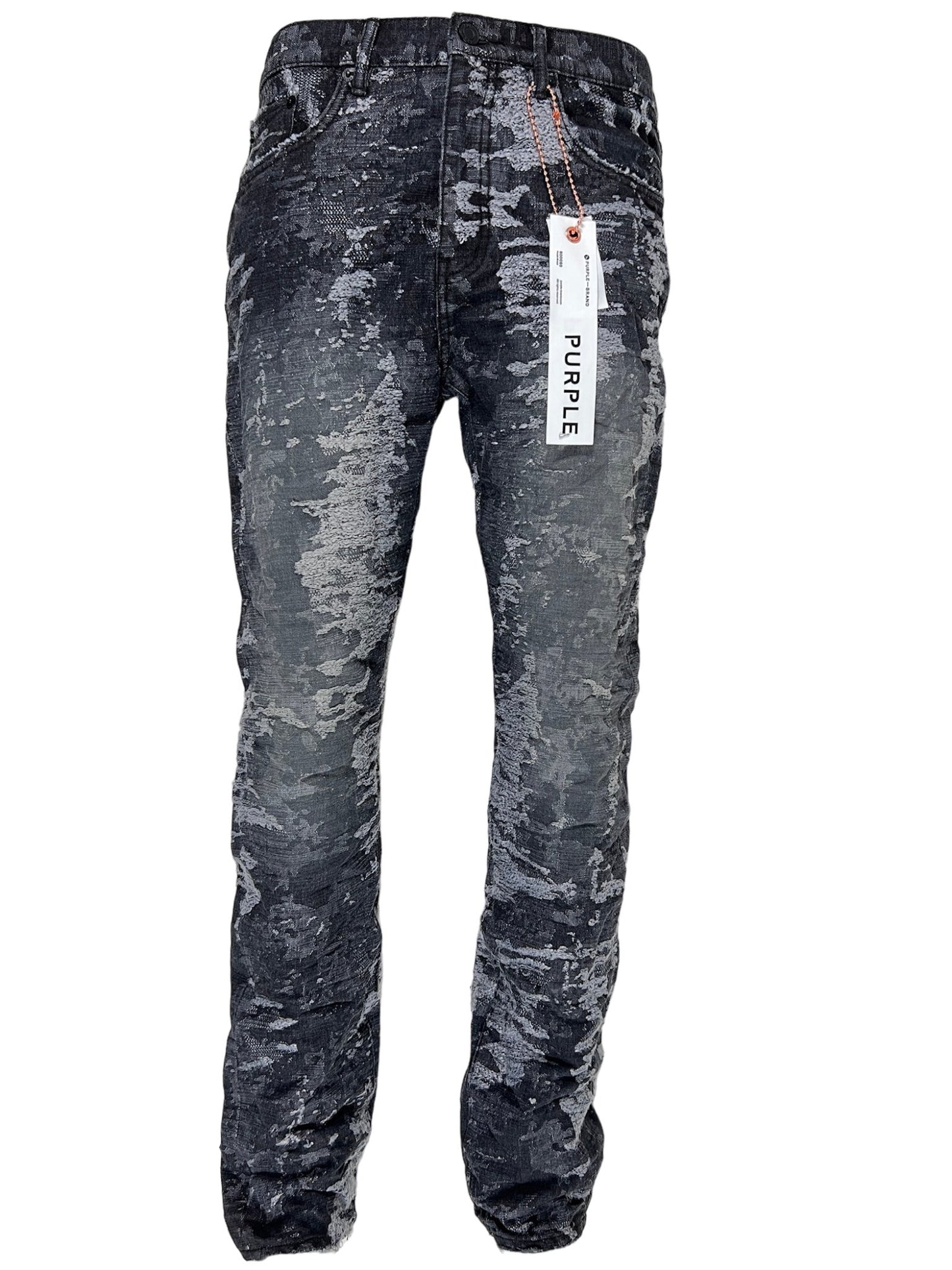 A pair of PURPLE BRAND jeans with a camouflage pattern and reinforced belt loops.