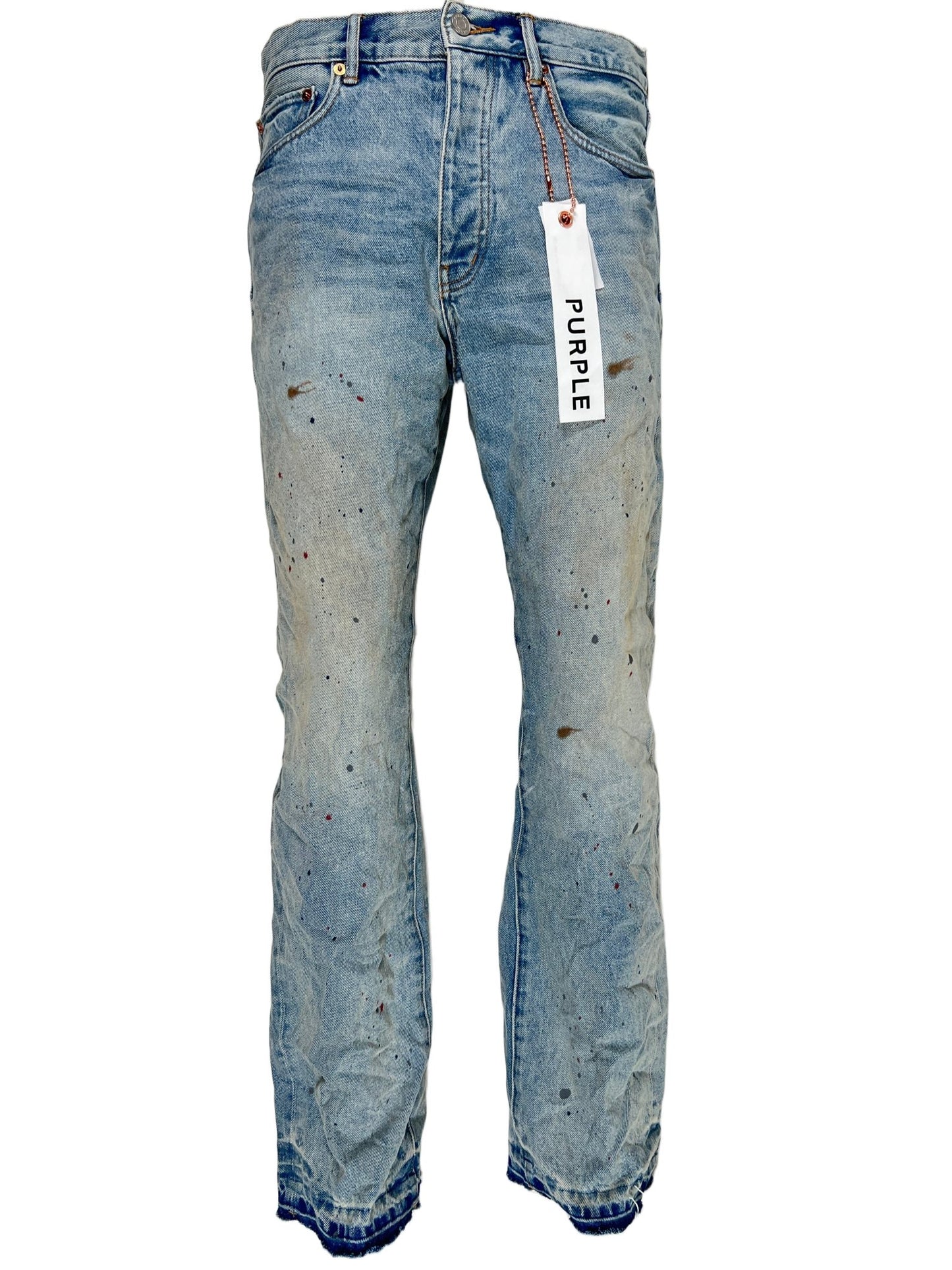 A pair of PURPLE BRAND JEANS P011-VDPI VINTAGE DARTY PAINTED LT INDIGO with a tag on them.