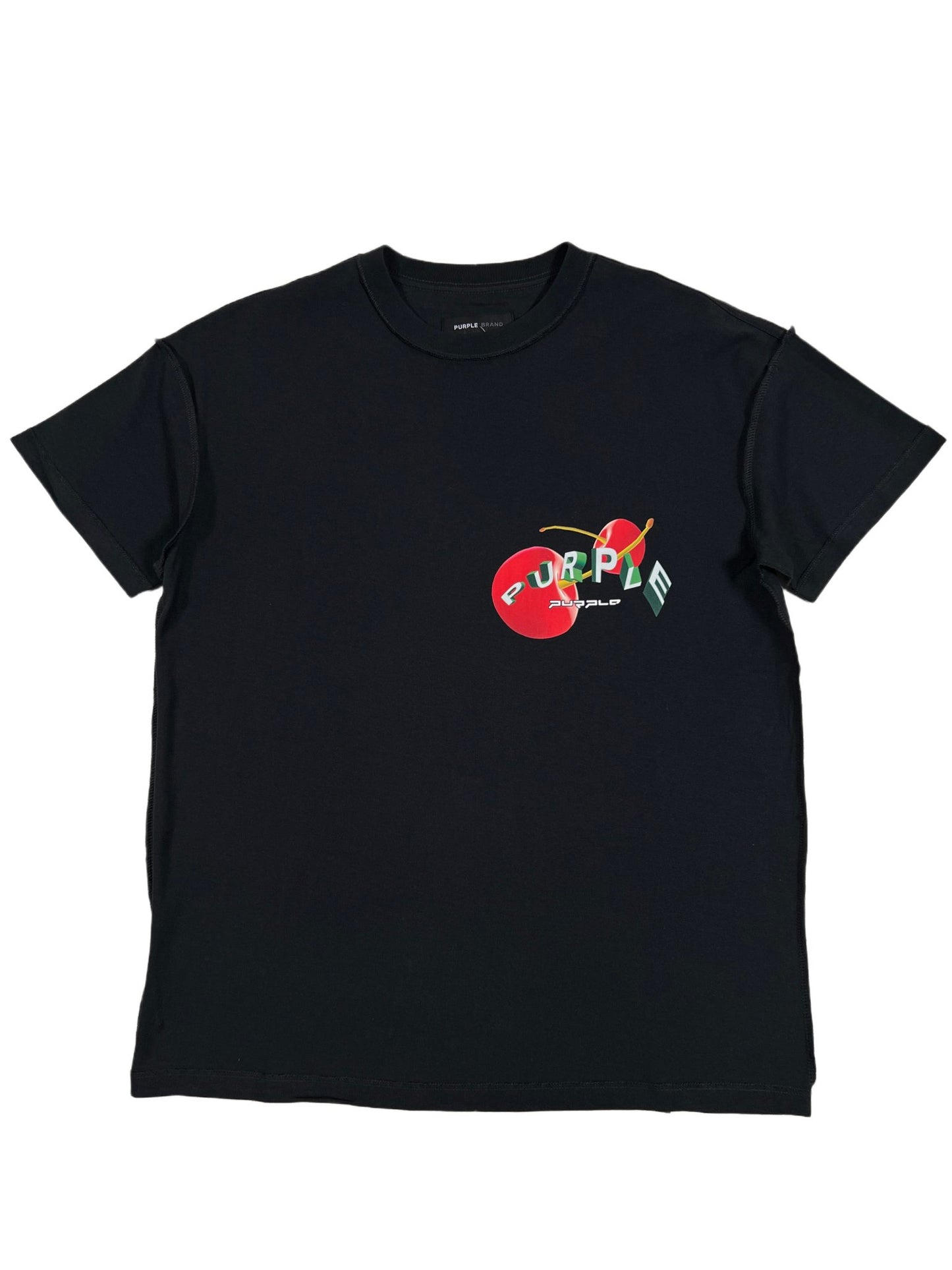 A PURPLE BRAND P101-JSTB TEXTURED INSIDE OUT TEE BLK with a red flower on it.