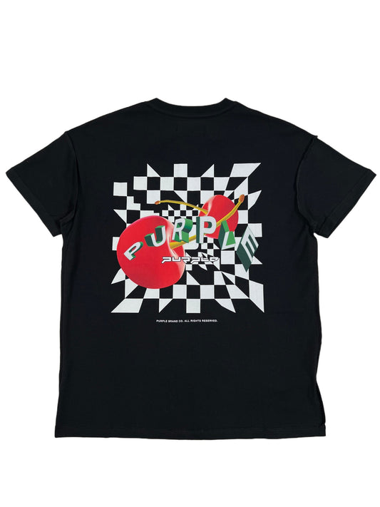 A PURPLE BRAND P101-JSTB TEXTURED INSIDE OUT TEE BLK with an image of an apple and a checkered pattern.