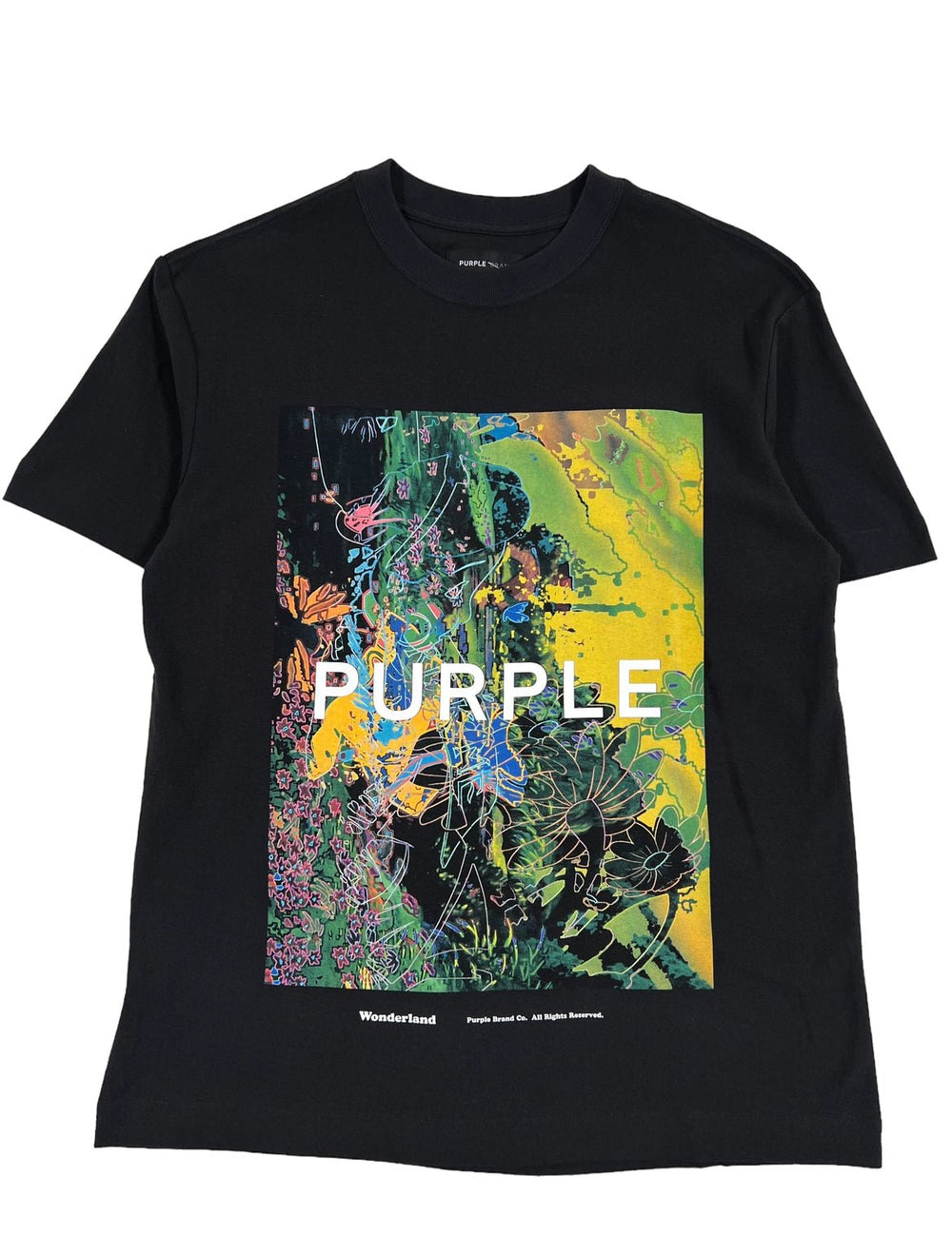 A comfortable, black graphic t-shirt with the word "purple" from the PURPLE BRAND P104-JBBO TEXTURED JERSEY SS TEE BLACK on it.