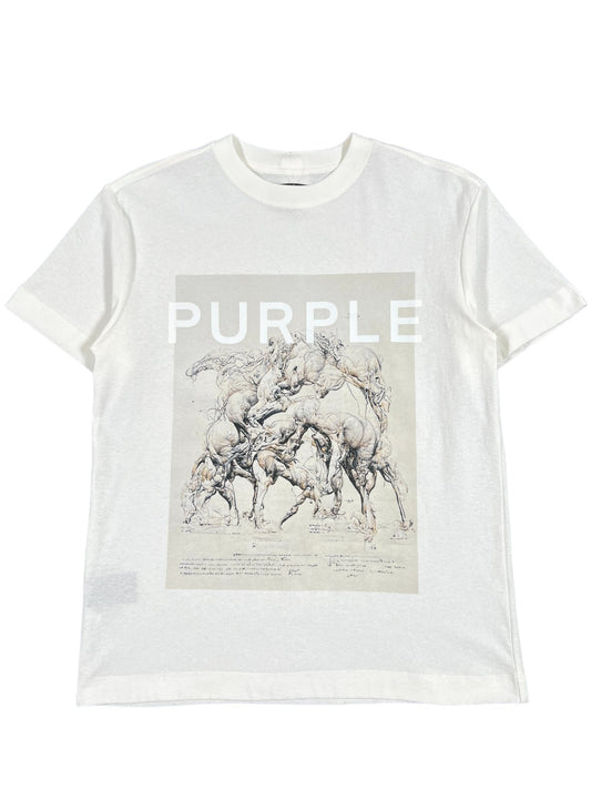 A PURPLE BRAND P104-JCMV TEXTURED JERSEY SS TEE OFF WHITE with horses on it for a casual look.
