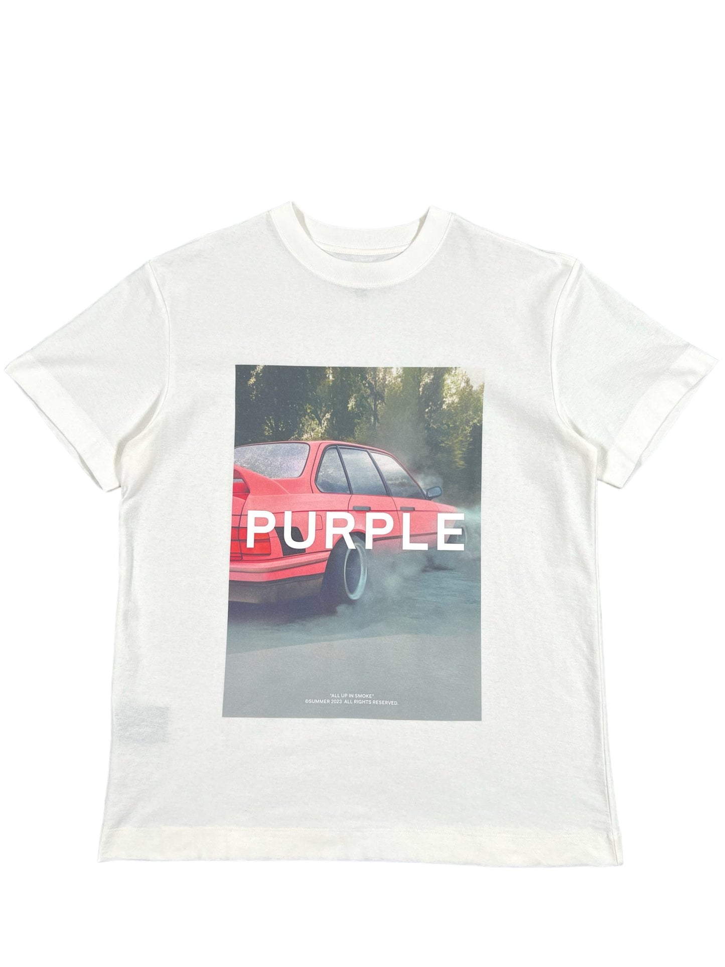 A PURPLE BRAND P104-QRCC823 TEXTURED JERSEY SS TEE OFF WHITE with a graphic image of a car.