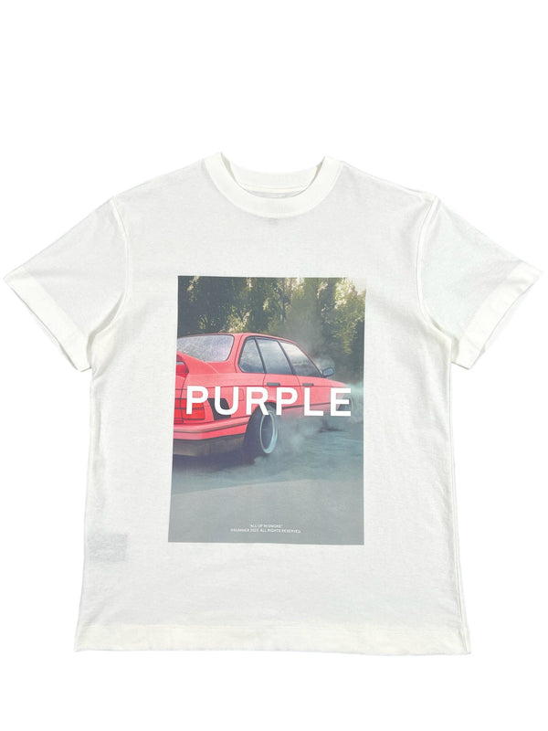 A PURPLE BRAND P104-QRCC823 TEXTURED JERSEY SS TEE OFF WHITE with a graphic image of a car.