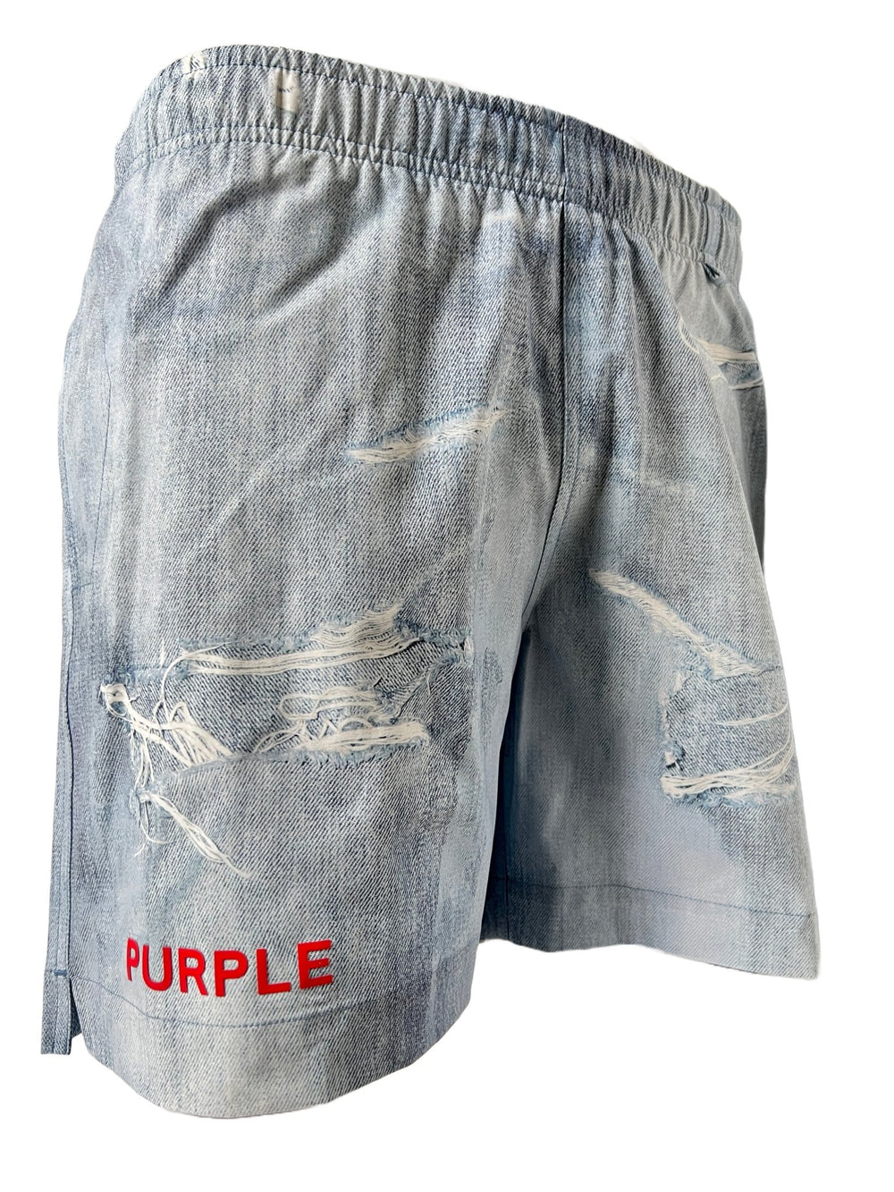 A pair of PURPLE BRAND P504-PIDD ALL ROUND SHORT WATER PRINT LT INDIGO shorts with the word purple on them.
