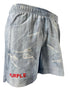 The Purple Brand P504-PIDD All Round Short Water Print Lt Indigo features indigo denim-style, lightly washed shorts with distressed details and a prominent "PURPLE" red text on one leg.