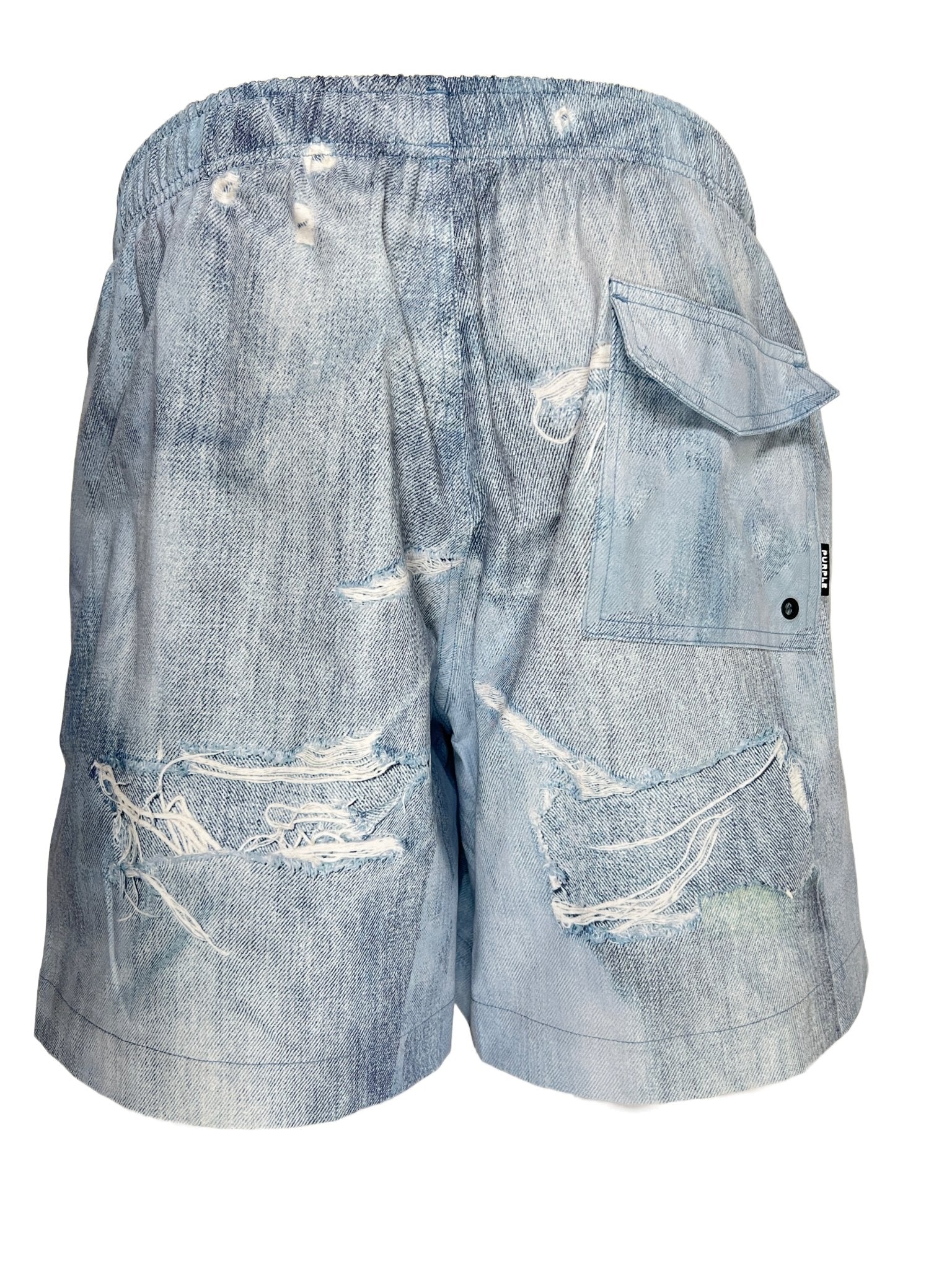 The Purple Brand P504-PIDD All Round Short Water Print in light indigo features a faded wash, elastic waistband, several rips, and a single flap back pocket.