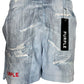Light blue distressed denim shorts from PURPLE BRAND, featuring a black "PURPLE" tag and red hem lettering, crafted from a polyester blend for an indigo-inspired vibe. Name: Purple Brand P504-PIDD All Round Short Water Print Lt Indigo.