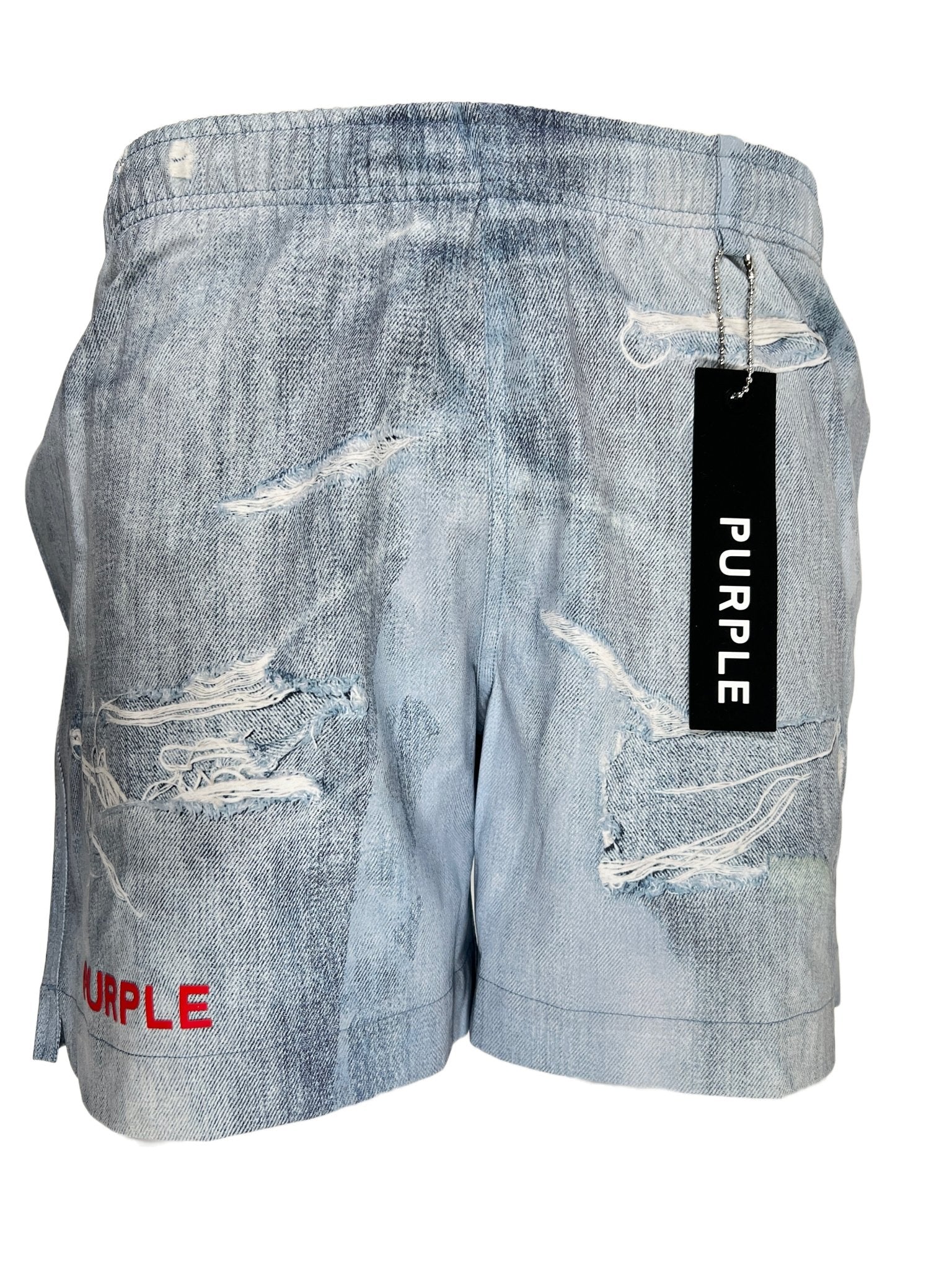 Light blue distressed denim shorts from PURPLE BRAND, featuring a black "PURPLE" tag and red hem lettering, crafted from a polyester blend for an indigo-inspired vibe. Name: Purple Brand P504-PIDD All Round Short Water Print Lt Indigo.