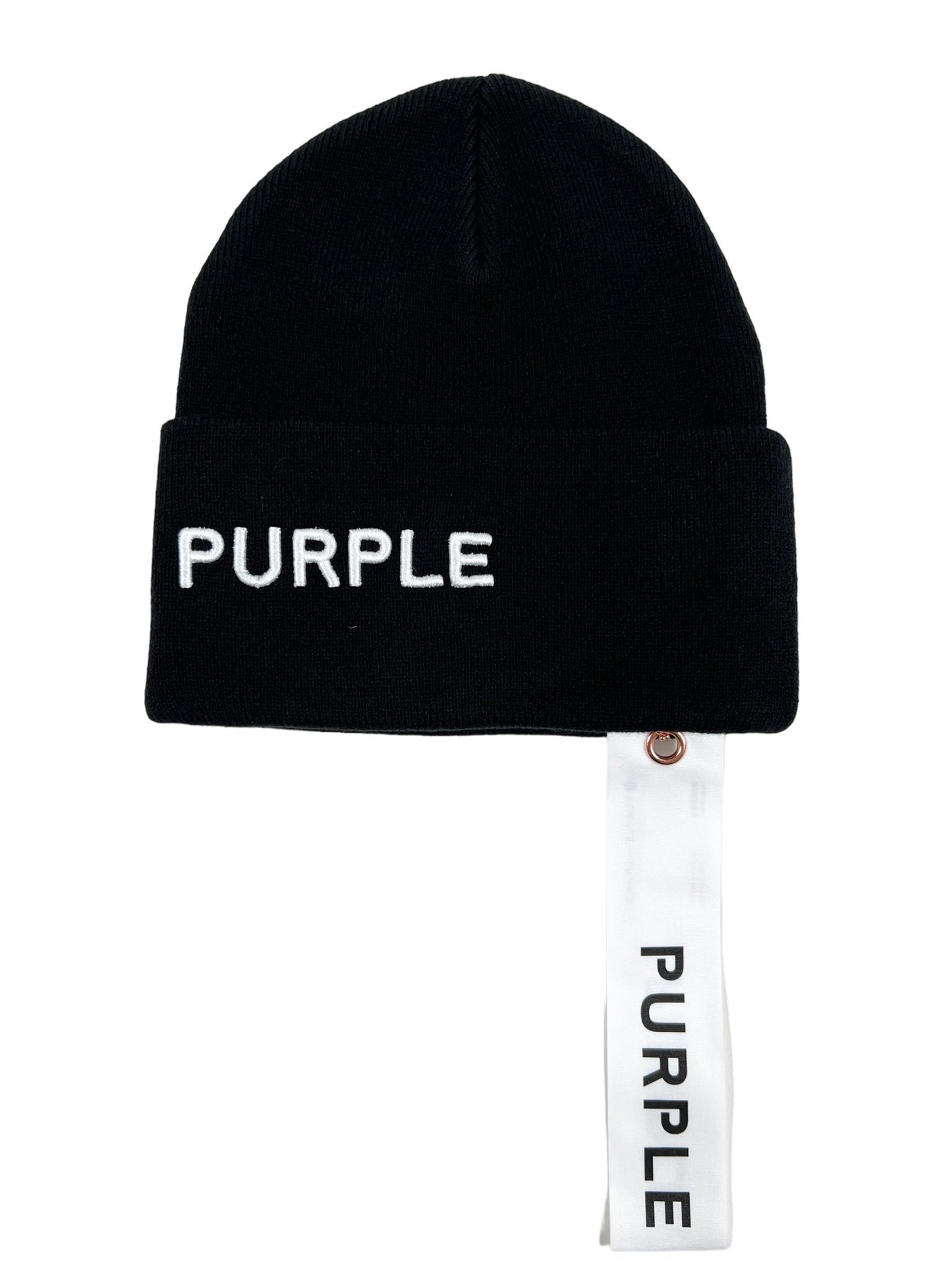 A warm black PURPLE BRAND P921-ABBK423 acrylic beanie with the word purple on it.
