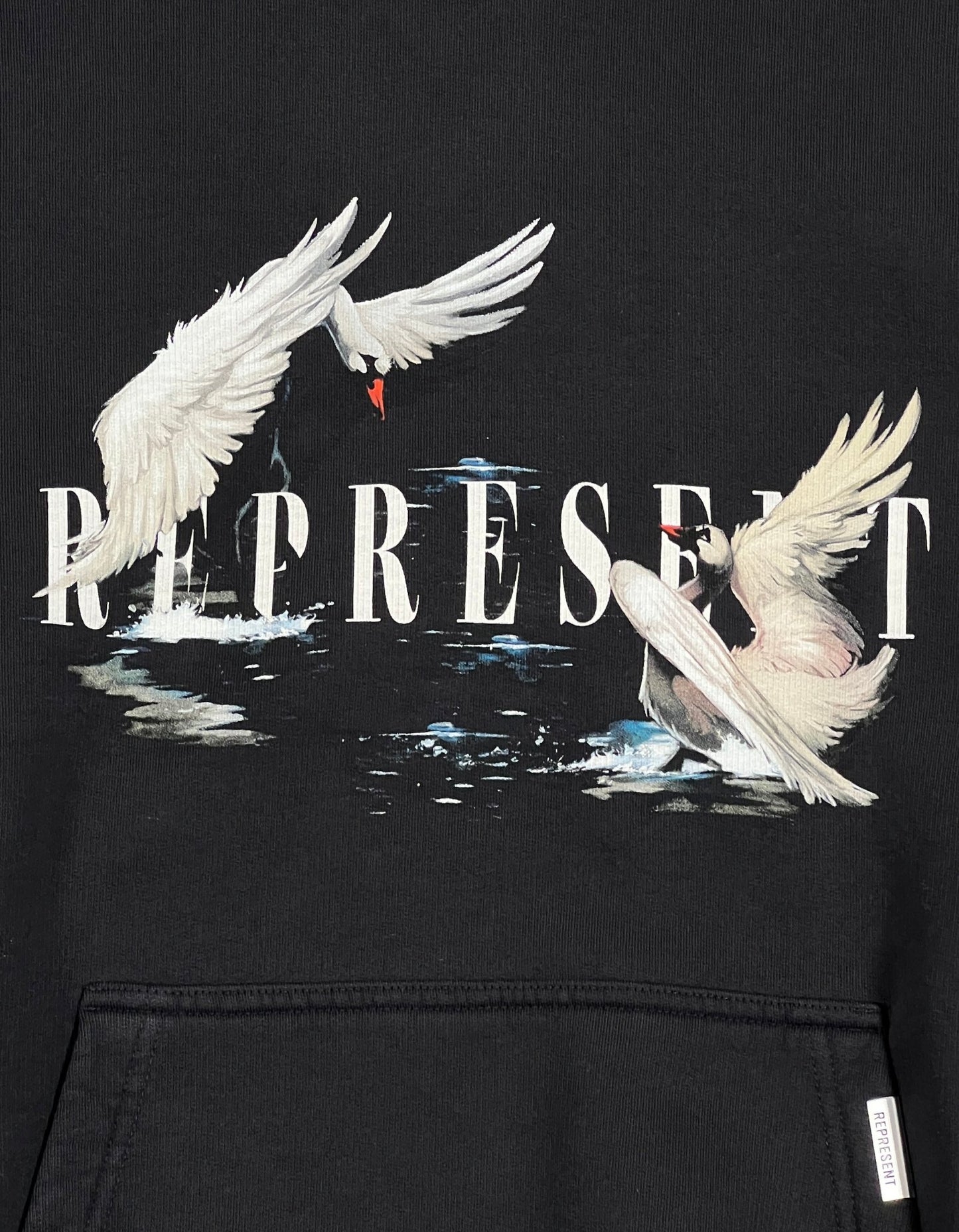 A REPRESENT MH4017-171 SWAN HOODIE BLK with two swans on it.