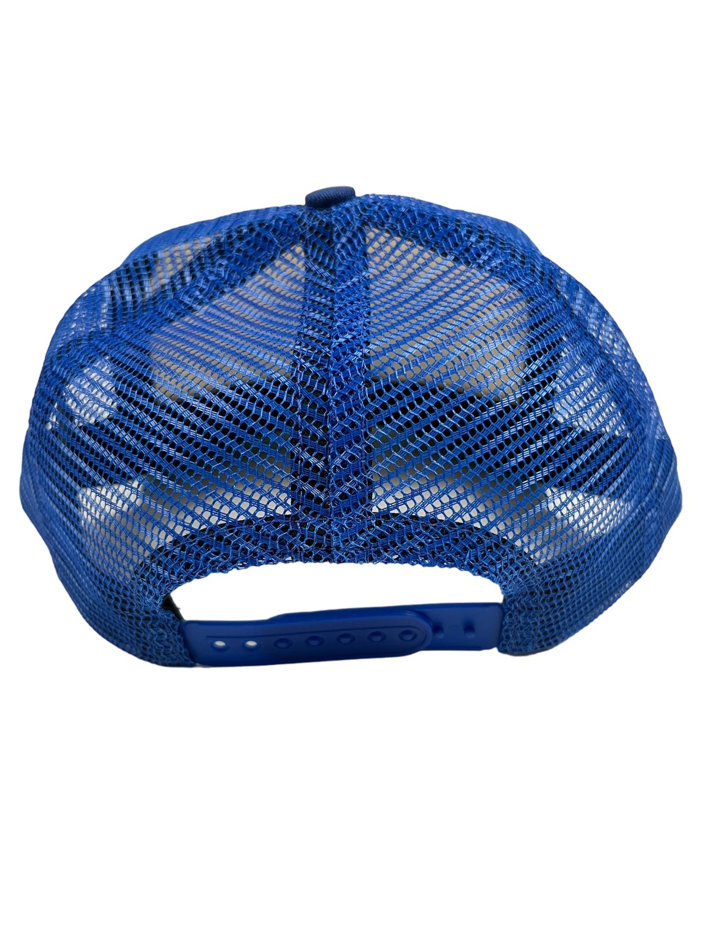 A blue mesh RHUDE AUTO RACING TRUCKER HAT NAVY/IVORY on a white background.