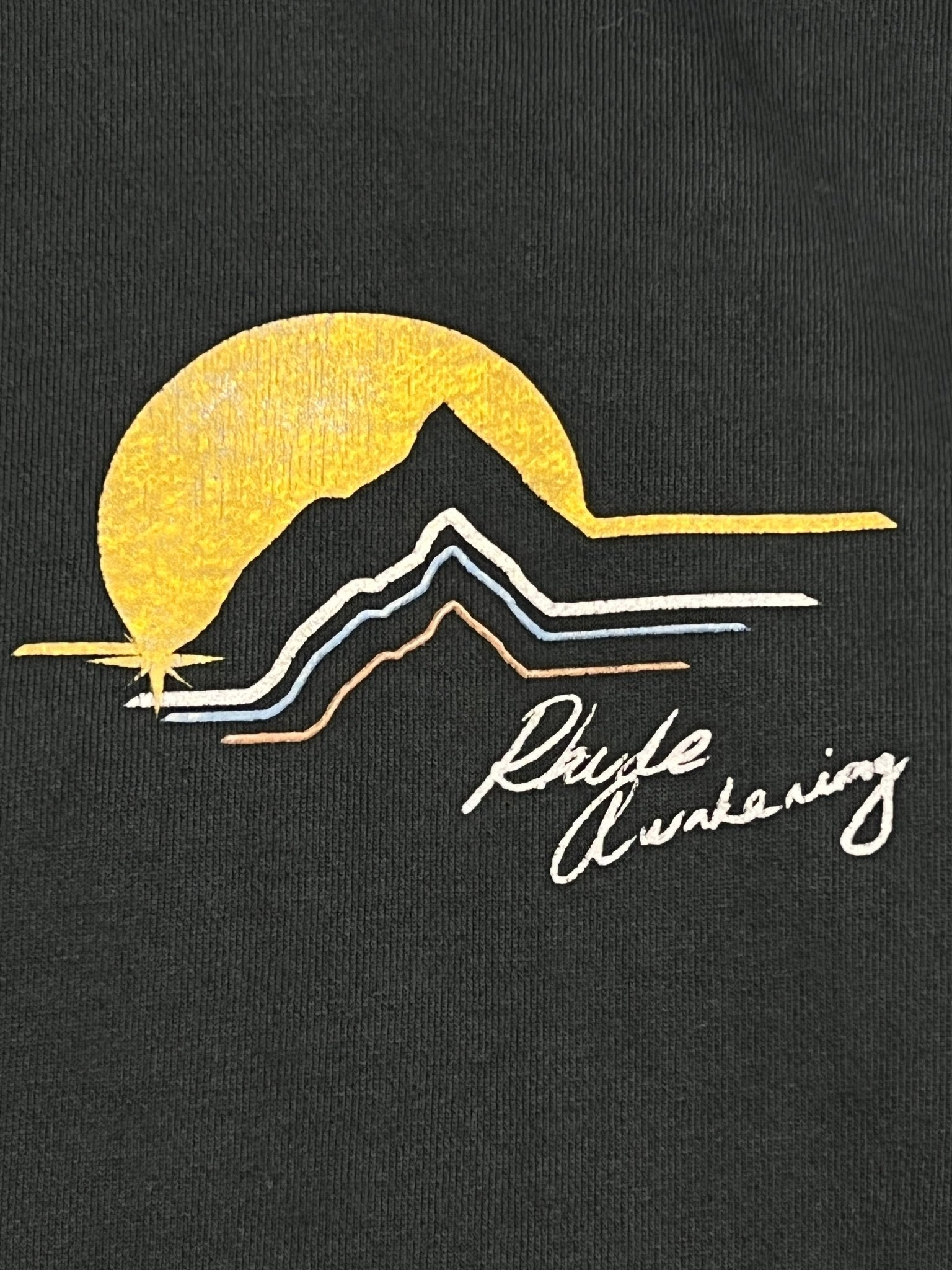A RHUDE AWAKENING HOODIE VTG BLACK with an image of a mountain and a sunset featuring printed motifs.
