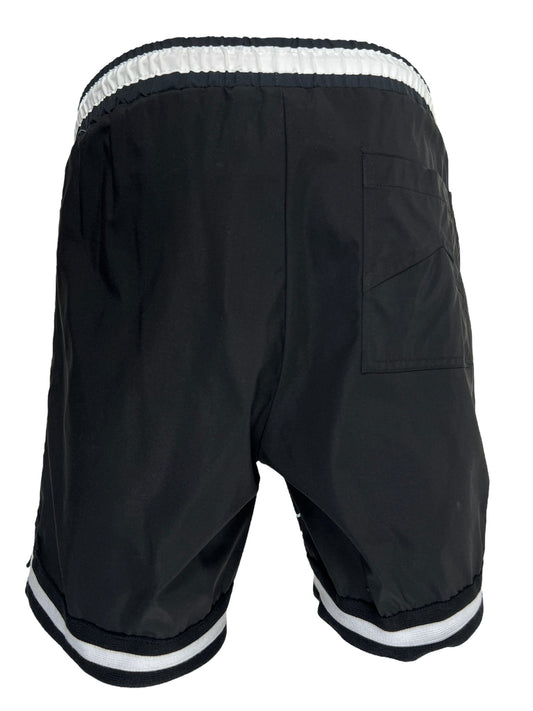 RHUDE basketball swim trunks with white trim and a side pocket.