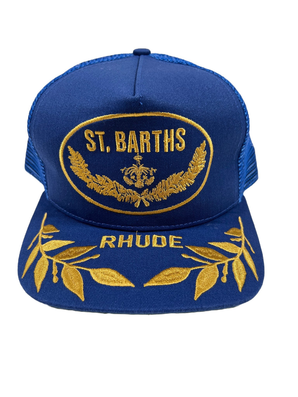 St Bartholomew RHUDE DOUBLER HAT COBALT BLUE embroidered trucker hat.