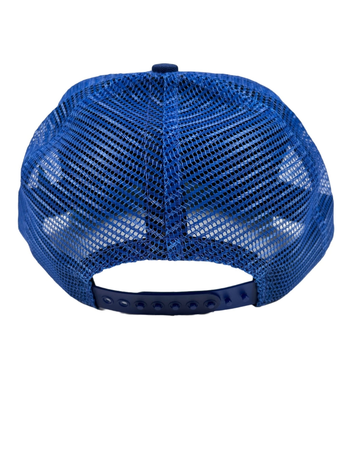 The back view of a cobalt blue mesh RHUDE DOUBLER trucker hat, embroidered.