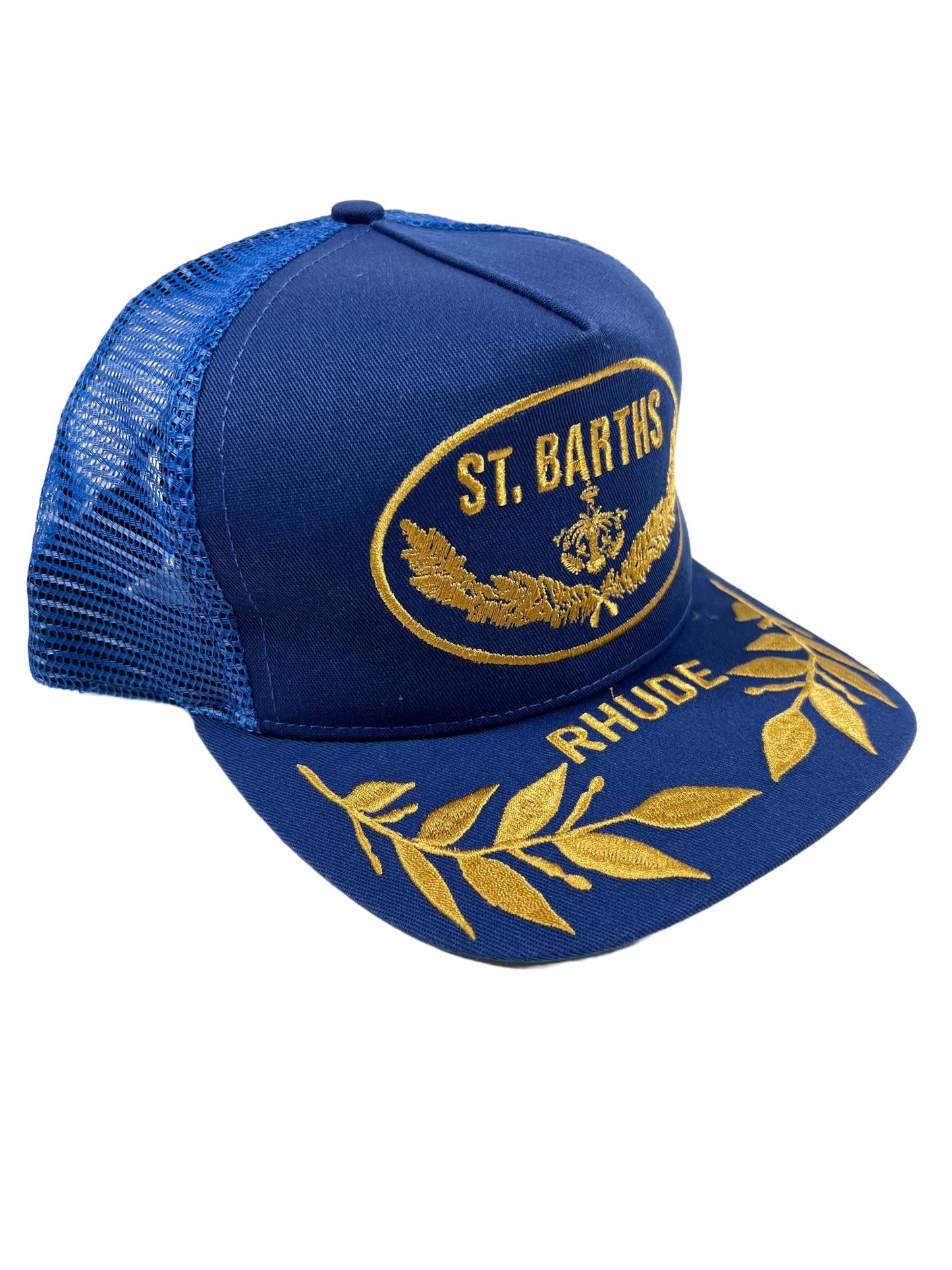 St Patrick's embroidered trucker hat in blue and gold by RHUDE DOUBLER HAT COBALT BLUE.