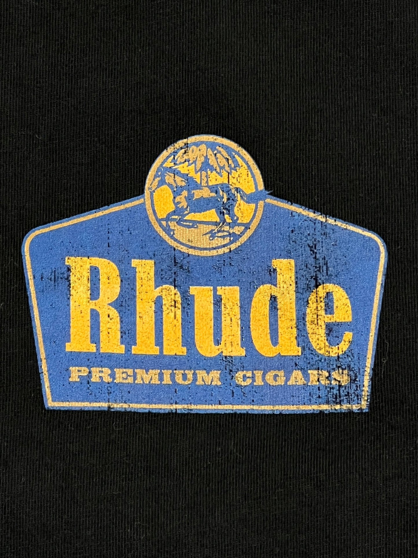 RHUDE Grand Cru Cigars logo on a cotton RHUDE tee shirt in vintage fit.