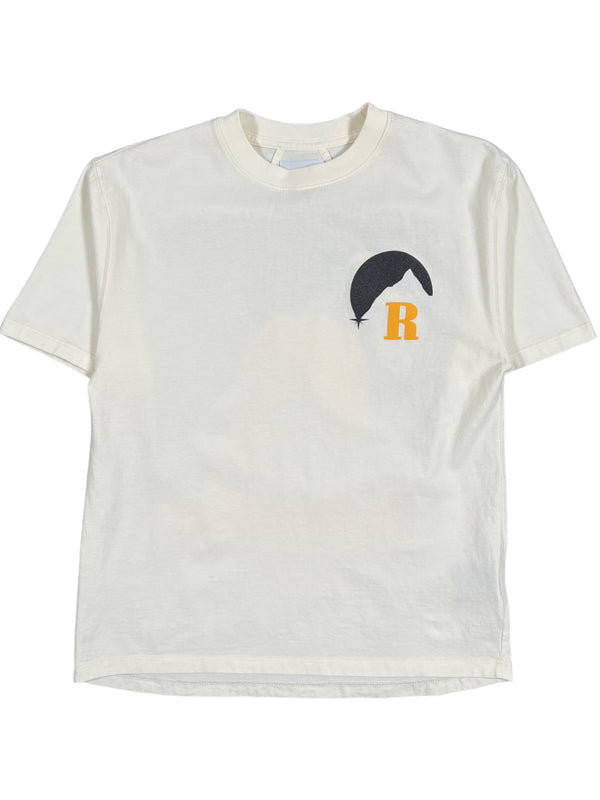 A RHUDE white cotton t-shirt with the letter r on it.
