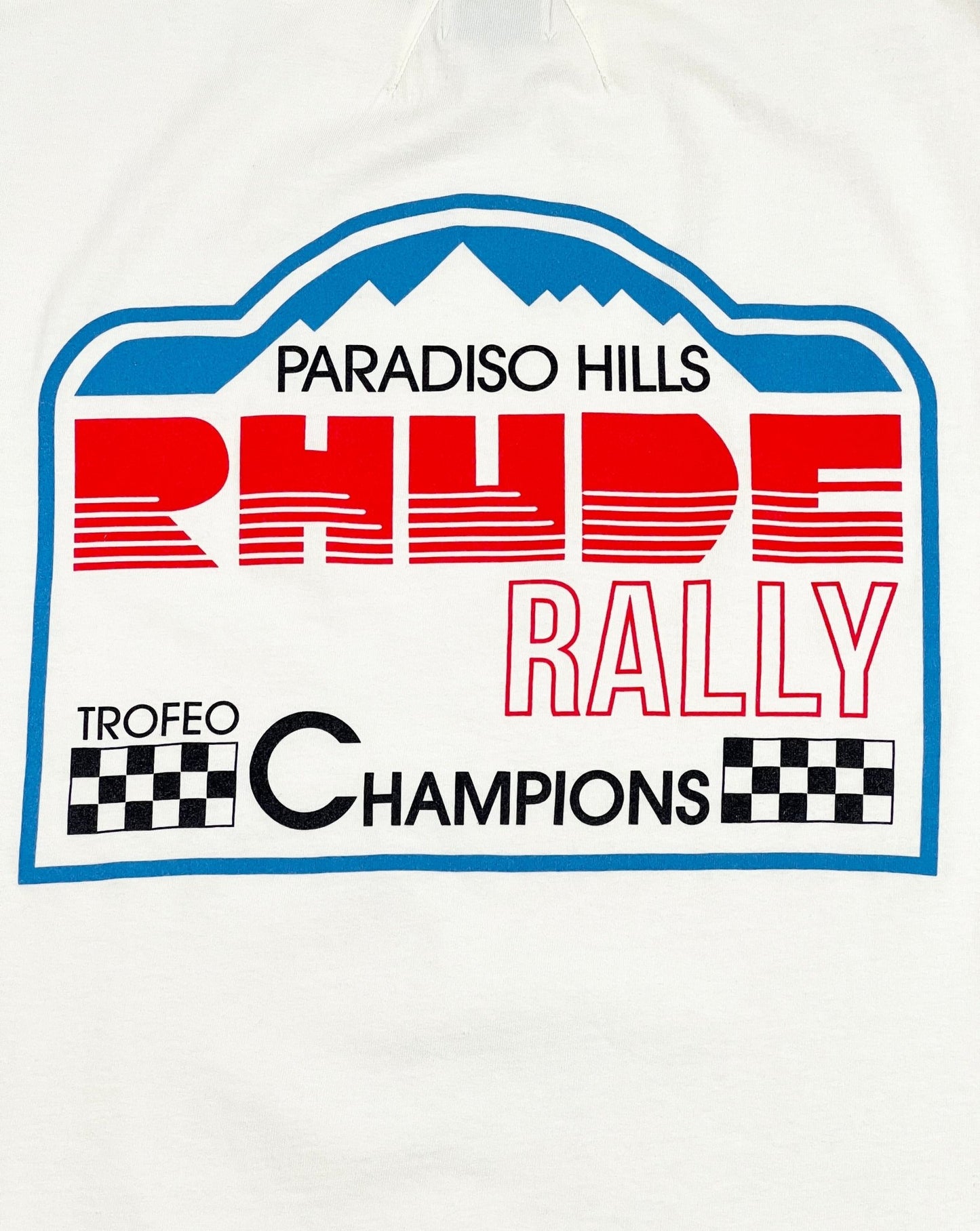 Vintage white RHUDE PARADISO RALLY TEE with logo graphic.