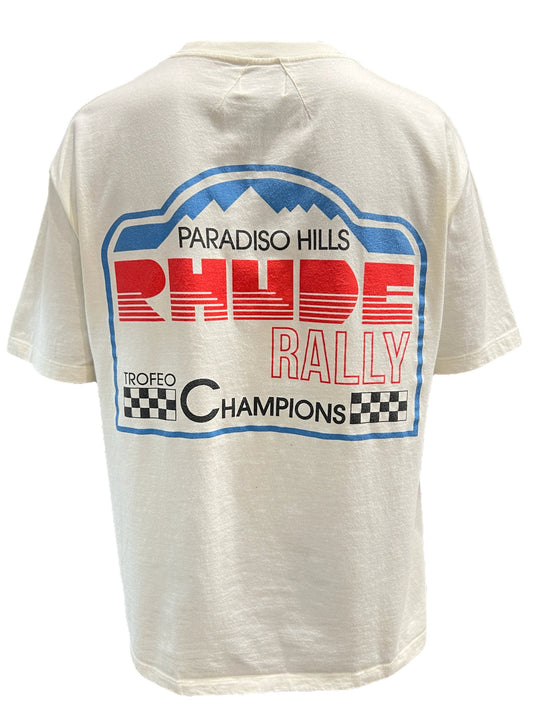Paradise hills RHUDE rally champions vintage white cotton jersey T-shirt.