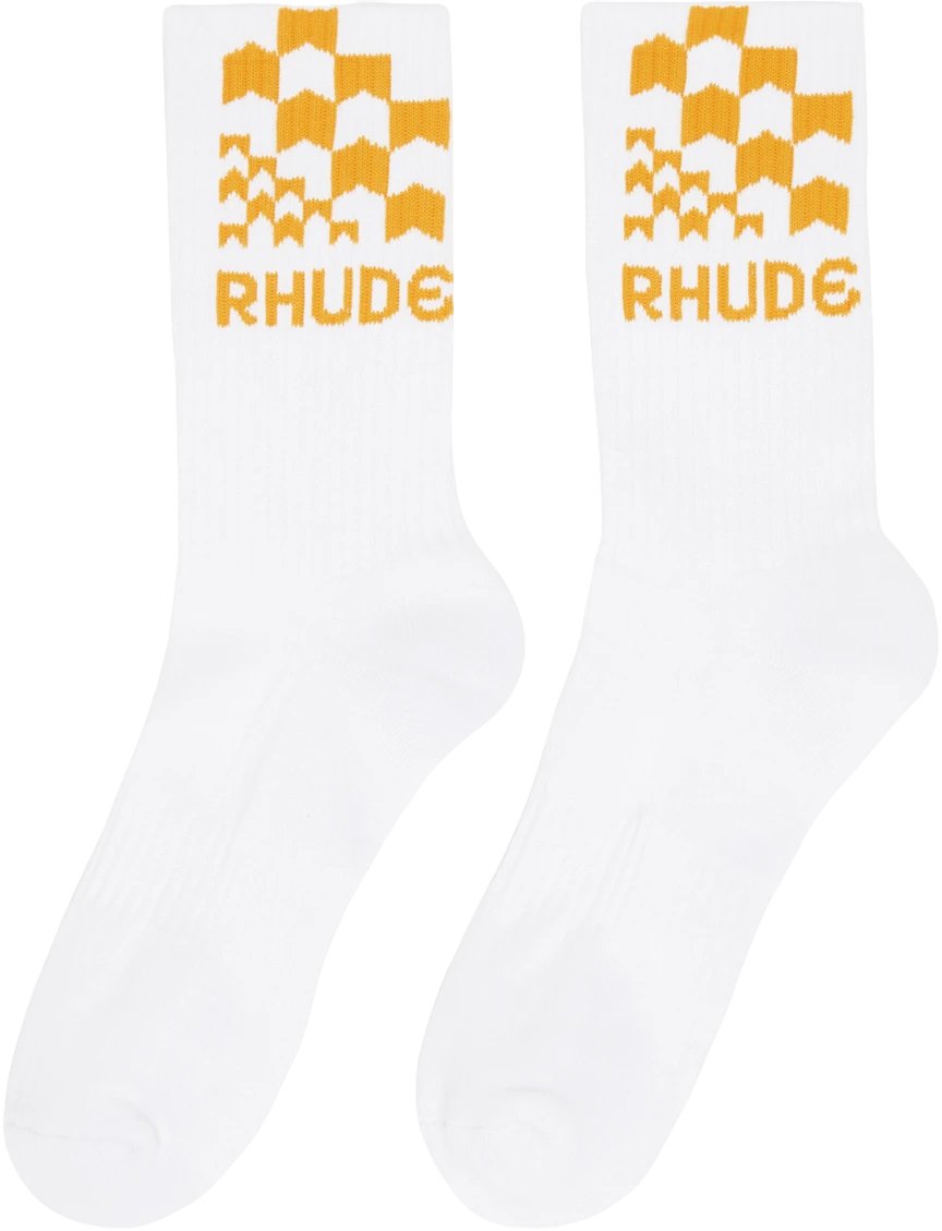 A pair of white, calf-high socks with the RHUDE RACING CHECKER SOCK, crafted from stretch knit fabric.