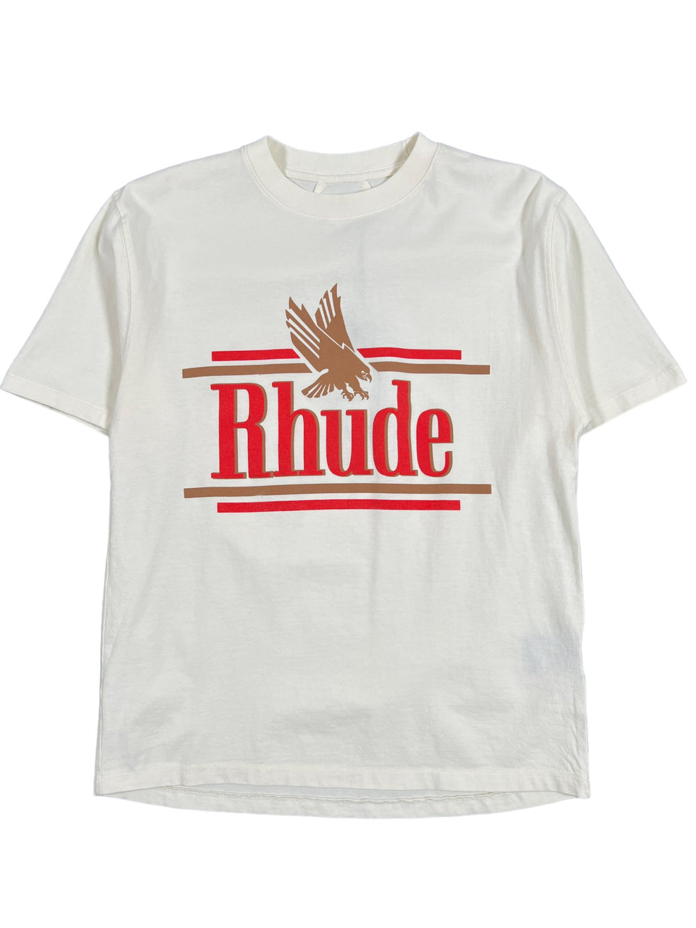 A white cotton t-shirt with the RHUDE ROSSA TEE VTG WHITE on it.