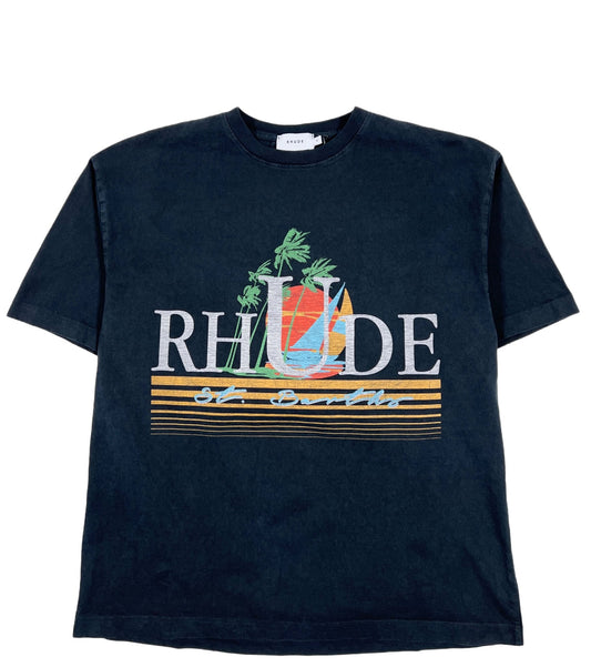 A RHUDE TROPICS TEE VTG BLACK graphic t-shirt made from 100% cotton.