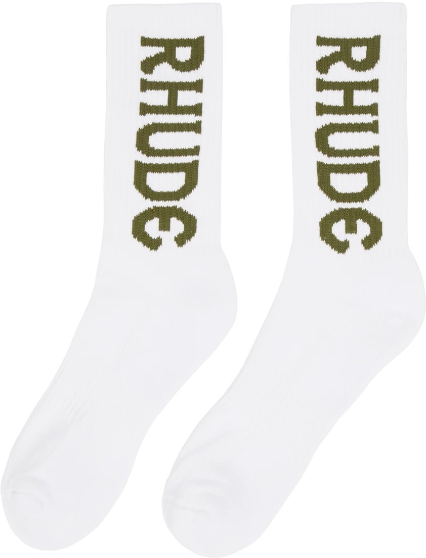 A pair of white, cotton socks featuring the RHUDE VERTICAL LOGO SOCK, designed with a calf-high fit.