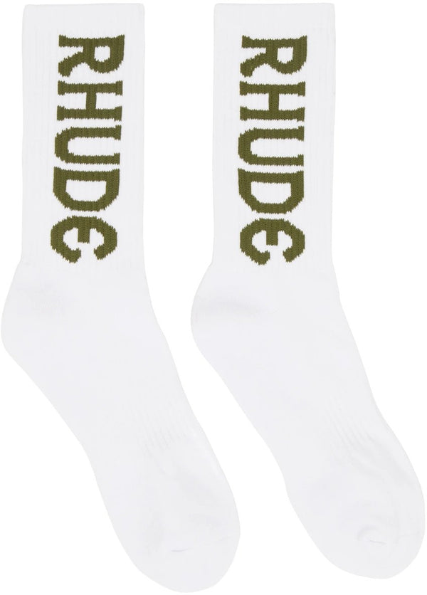 A pair of white cotton socks with the RHUDE VERTICLE LOGO SOCK on them, featuring a calf-high fit.