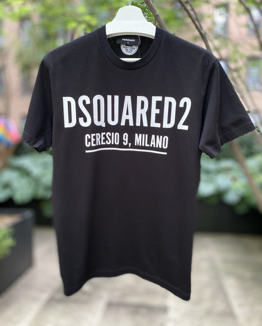 A black graphic t-shirt with the words DSQUARED2 S71GD1058 COOL TEE BLACK on it.