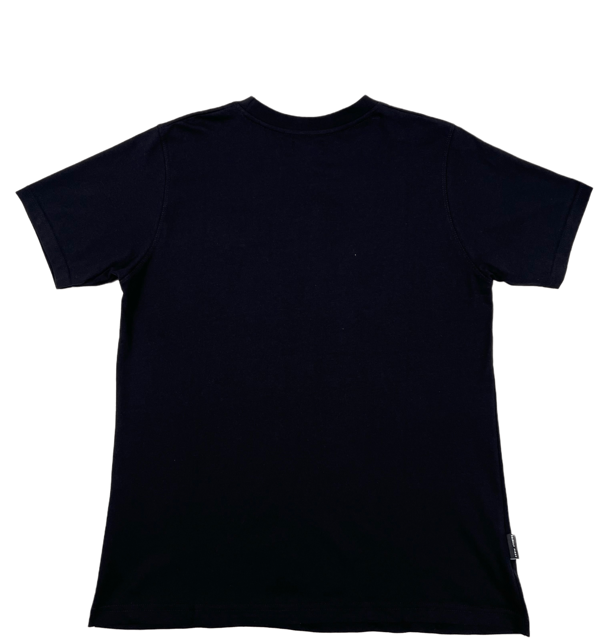 The back of a FAMILY FIRST TF2213 T-SHIRT I LOVE MILANO BLACK embroidered t-shirt with "FAMILY FIRST" written on it.