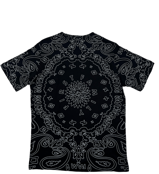 A FAMILY FIRST black and white t-shirt with a family pattern on it.