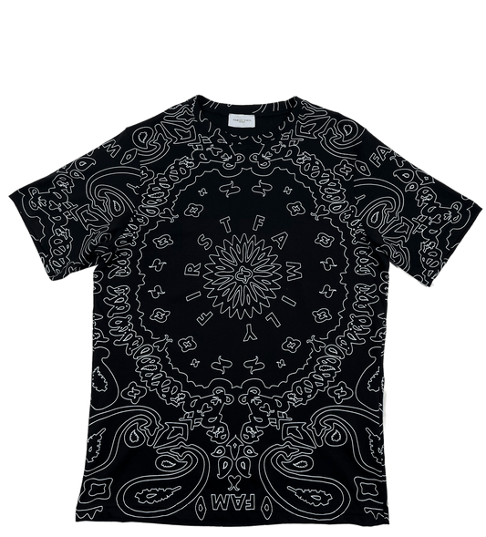 A FAMILY FIRST black t-shirt with white paisley designs on it, perfect for a family outing in Italy.