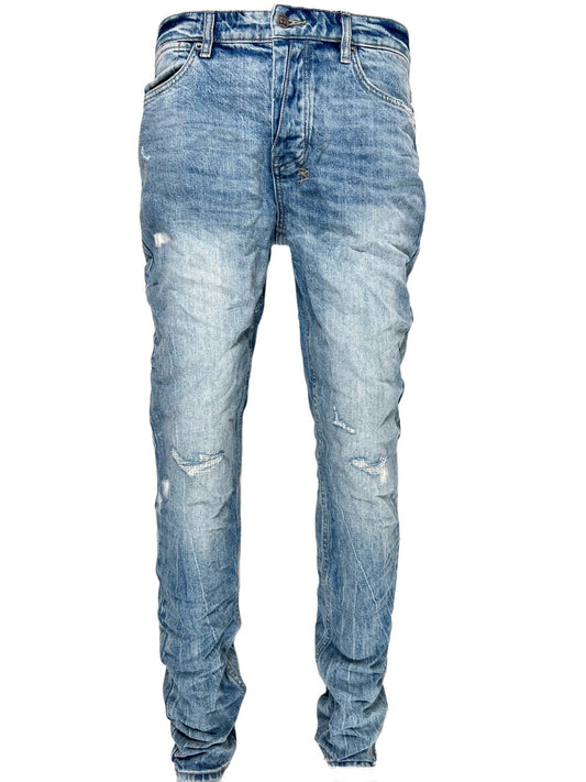 A pair of Ksubi brand KSUBI VAN WINKLE HIGHFLY DENIM men's skinny fit jeans with holes on the knees.