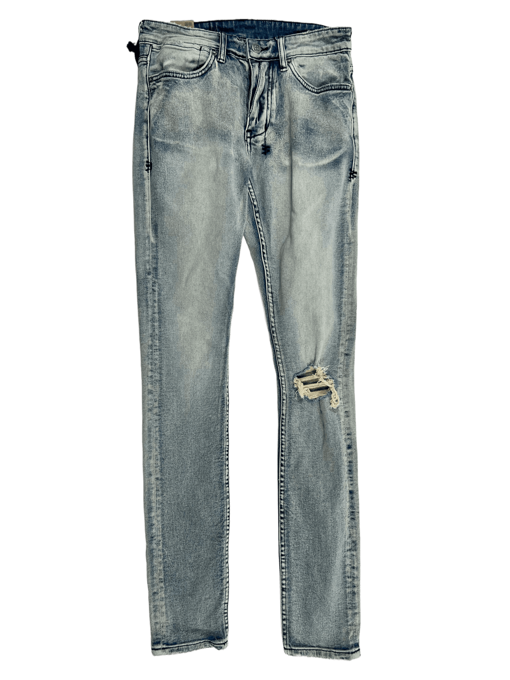 A pair of KSUBI light blue men's jeans KSUBI VAN WINKLE ROUND THREE DENIM with holes on the knees.