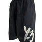 A black ADIDAS x Y-3 swim shorts with a white logo on it.