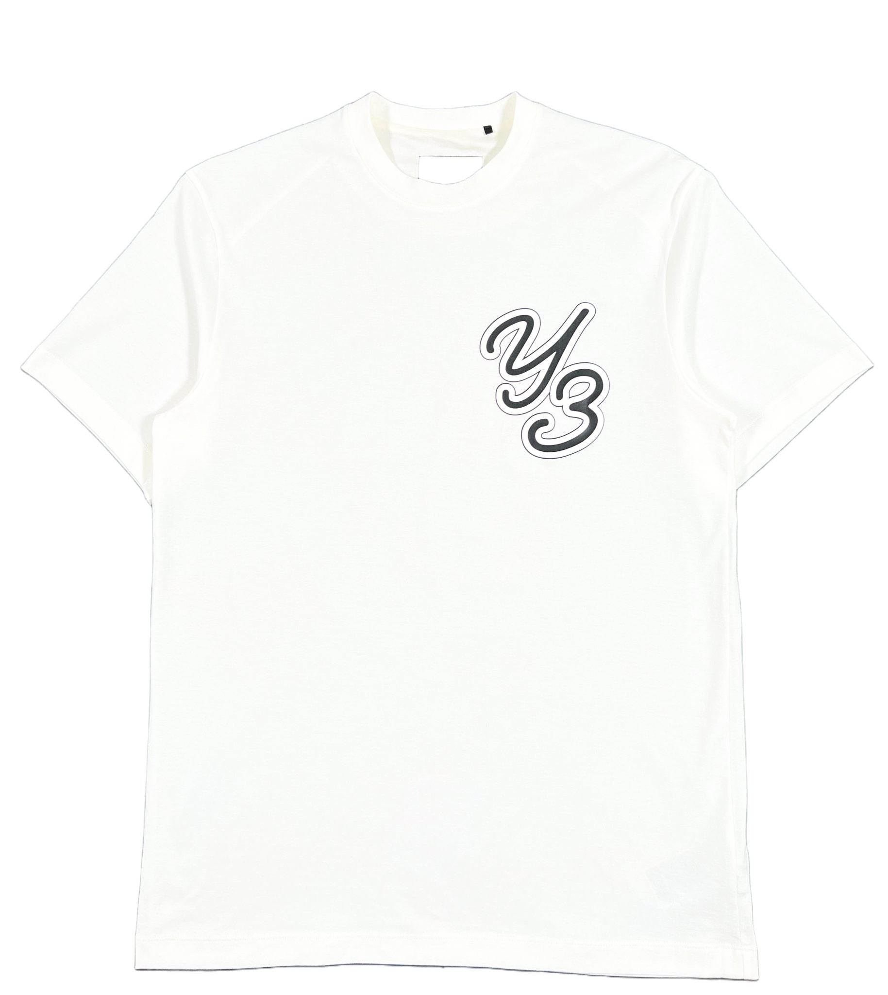 Y-3 T-Shirt IT7522 Gfx SS Tee Off White by ADIDAS x Y-3, featuring a "Y3" logo on the upper left side, made from sustainable cotton for a casual fit.